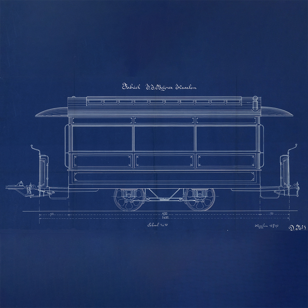 Blauwdruk van een zijaanzicht van een wagon van de paardentram. Gemaakt in 1890.