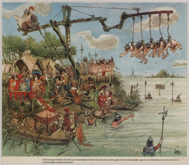 Veldtocht bisschop van Münster in 1672, kalender1971. Tekening J. Sanders, Groninger Archieven (817_10413)