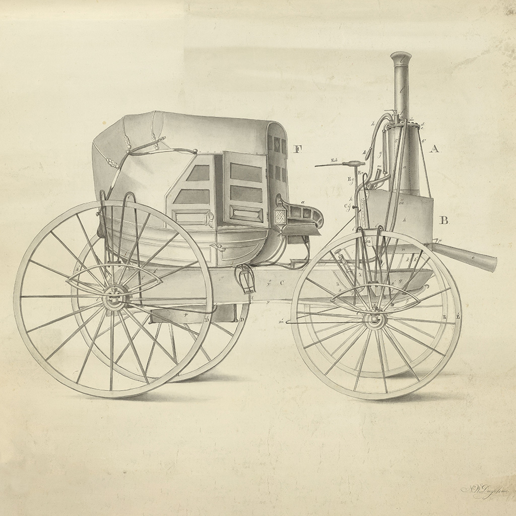 Ontwerp stoomautomobiel, ca. 1845. Vervaardiger N.W. Dusselsma, Nationaal Archief